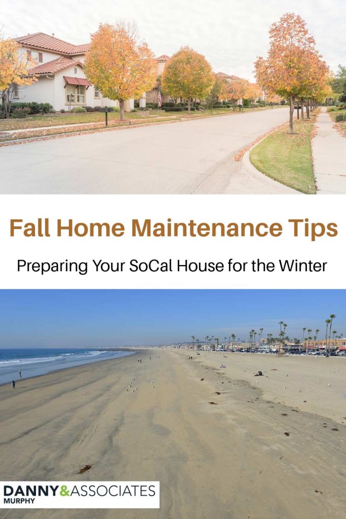 pinnable image with two images and text saying fall home maintenance tips