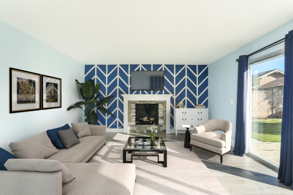 living room with blue and white striped wall