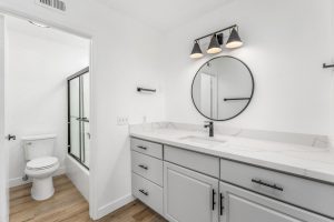 vanity with sink and cabinets, toilet and shower/bath in background