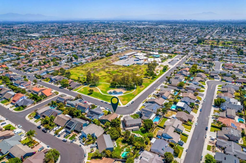 birds eye view of 19721 Topeka Lane, Huntington Beach near the park