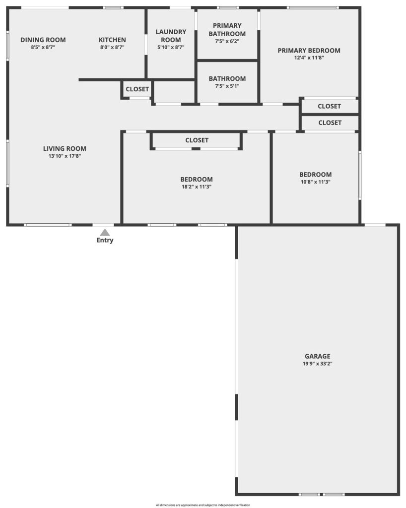 floor plan showing garage, 3 bedrooms, living room, dining room, kitchen, 2 bathrooms, laundry room and closets