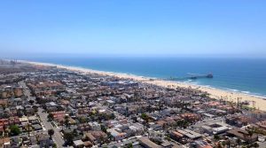 Huntington Beach Pier with neighborhood viewed from above