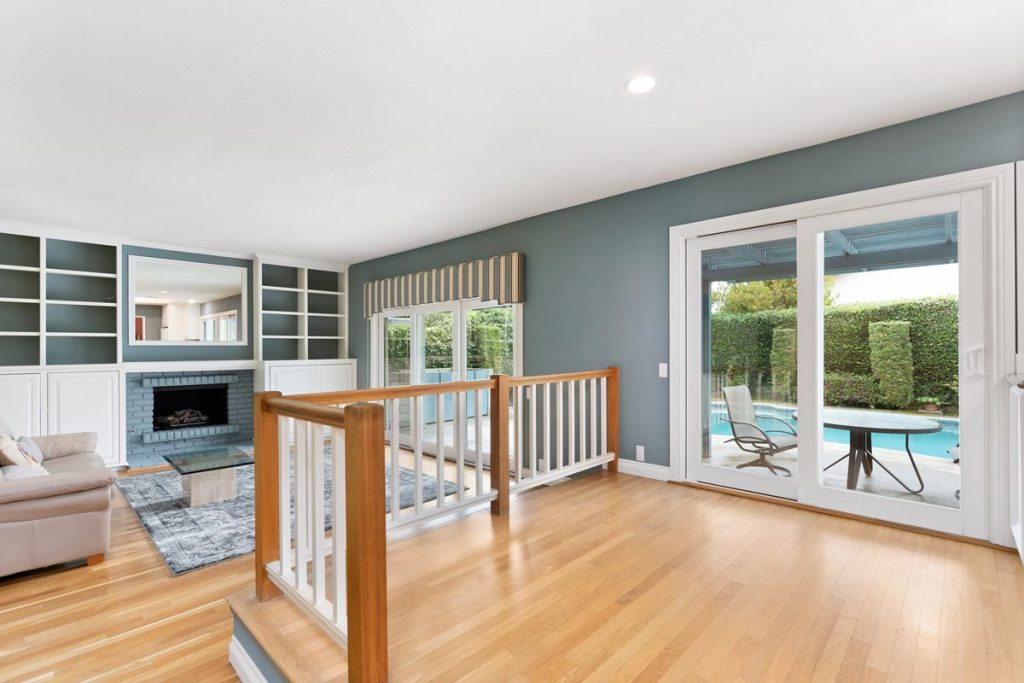 casual dining area with living room in background