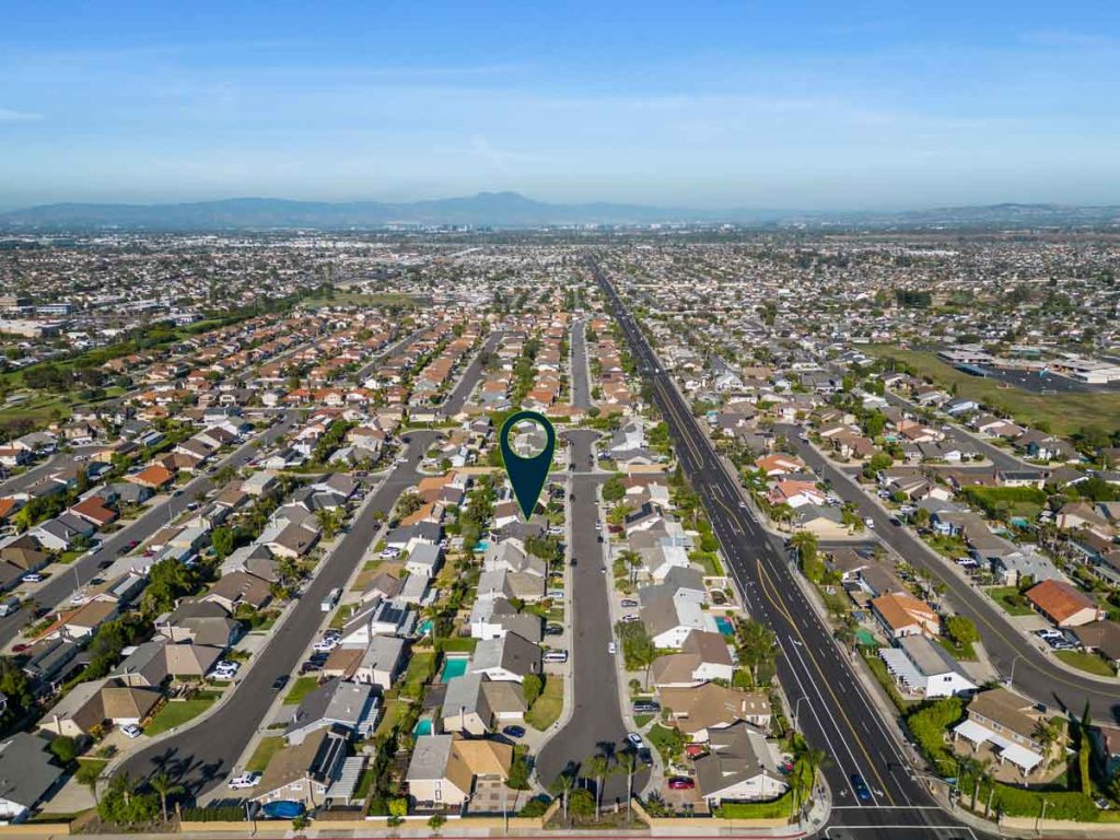 aerial view with arrow pointing to 8581 Bayonne Drive, Huntington Beach