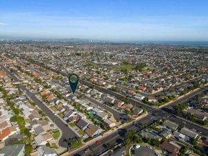 aerial view with arrow pointing to 8581 Bayonne Drive, Huntington Beach