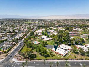 aerial view of rancho mirage with arrow pointing to property for sale