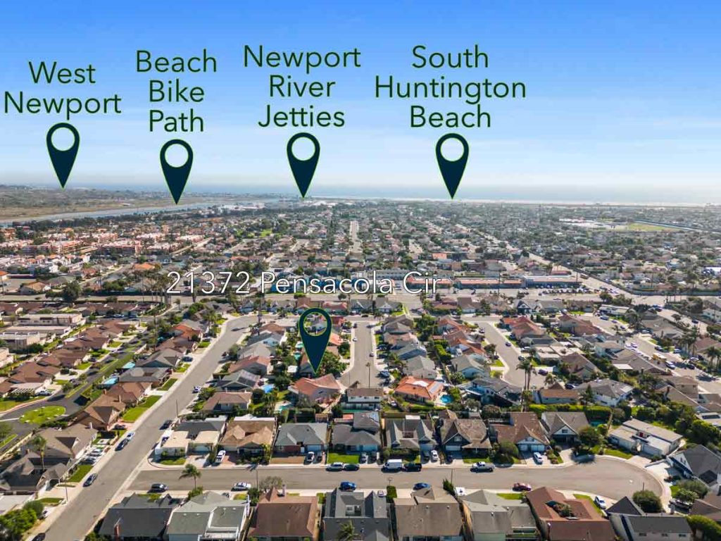 aerial view of 21372 Pensacola Circle, Huntington Beach with arrows pointing to local landmarks