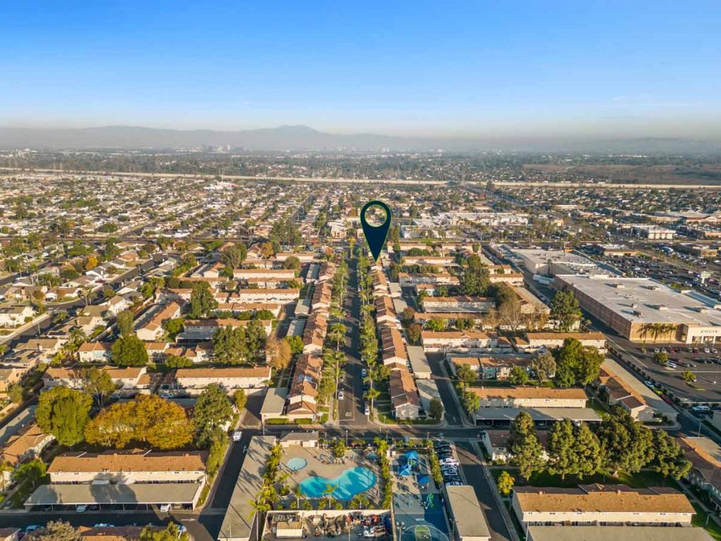 aerial view with arrow pointing to 9908 Continental Drive, Huntington Beach