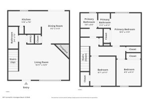 first and second floor floor plans of 9871 Cornwall Drive, Huntington Beach