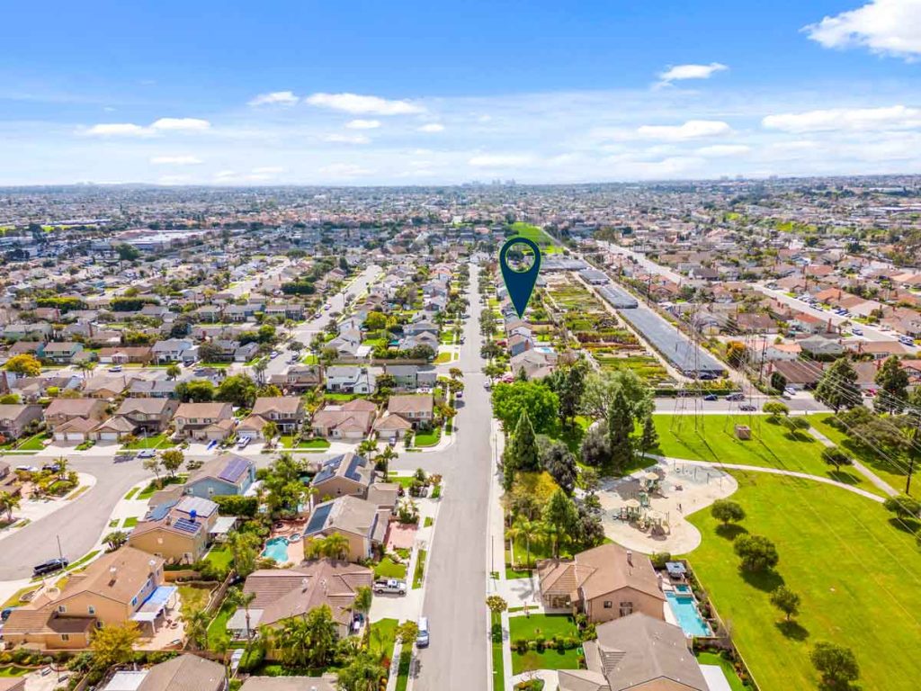 aerial view of fountain valley with arrow pointing to home for sale