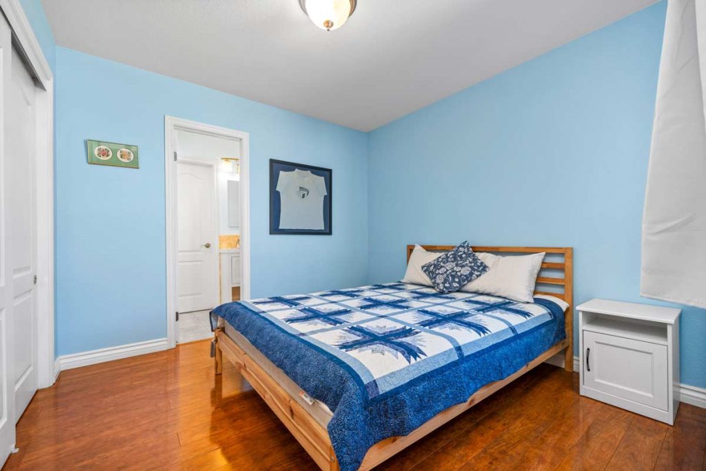 bedroom with blue walls and ensuite bathroom