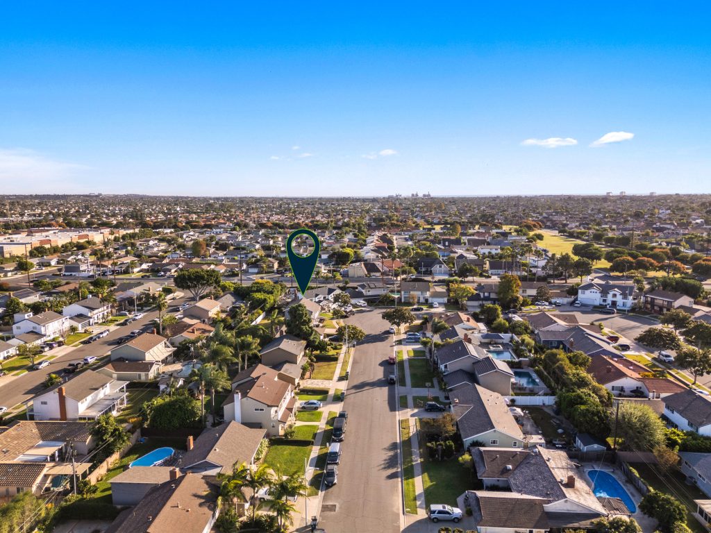 aerial view of home for sale in fountain valley with arrow pointing to house