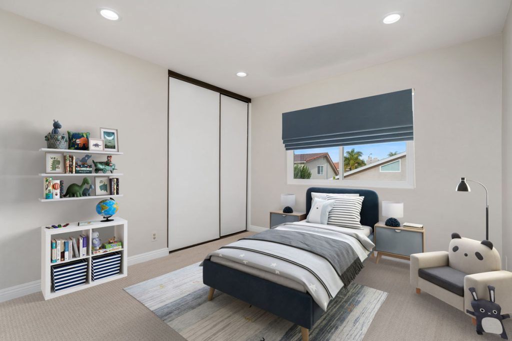 staged little boy bedroom showing twin size bed, window and closet doors