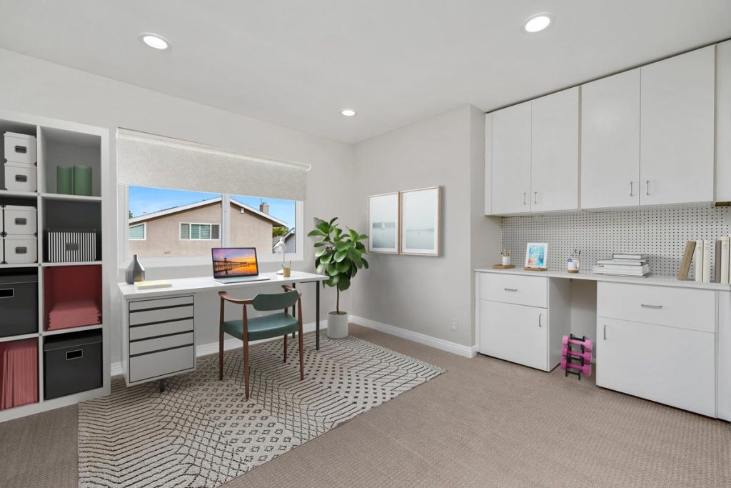 staged office, multipurpose type room with a desk and a lot of different types of cabinets and storage