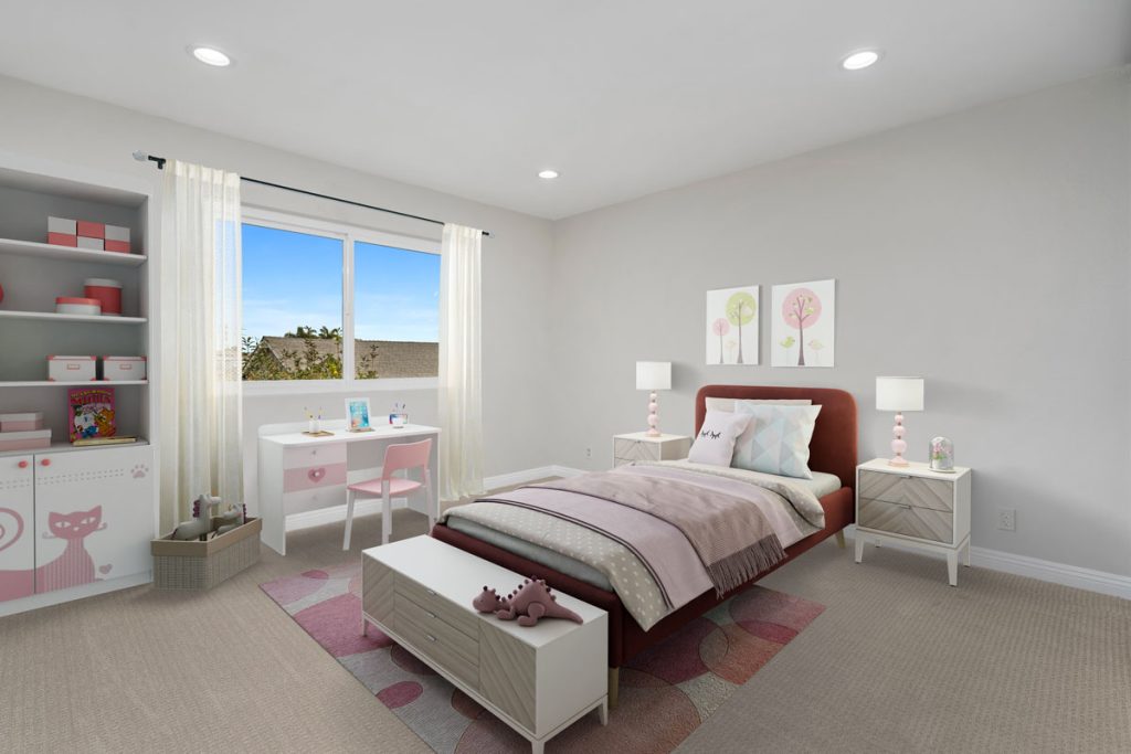 staged little girl's bedroom showing bed and window with curtains