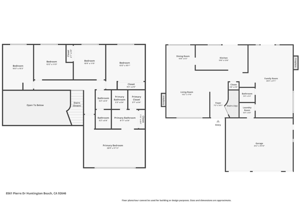 two levels of floor plans showing 5 bedrooms and 3 bathrooms