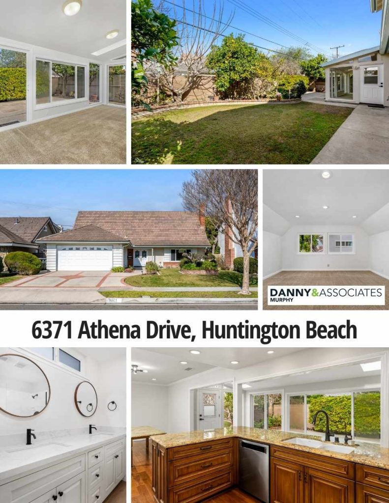 multiple images of home's interior and exterior with text 6371 Athena Drive, Huntington Beach