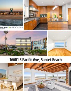 multiple images and text of address of beachfront home for sale