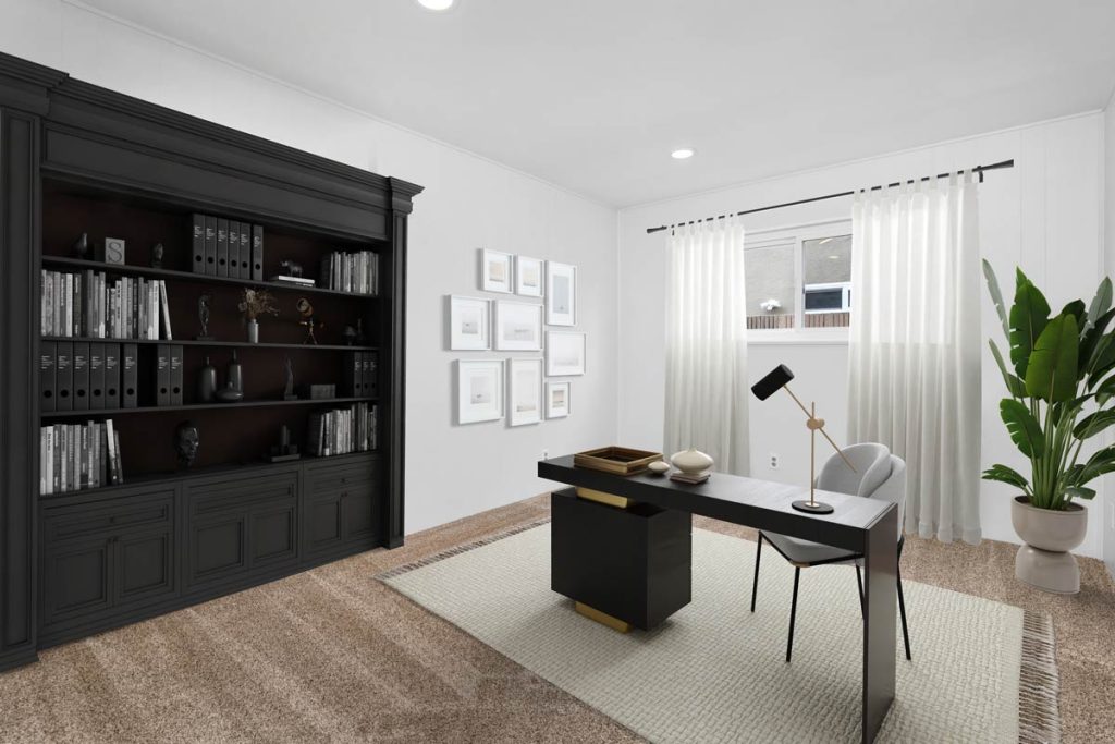 staged office space with bookshelf, desk and potted plant