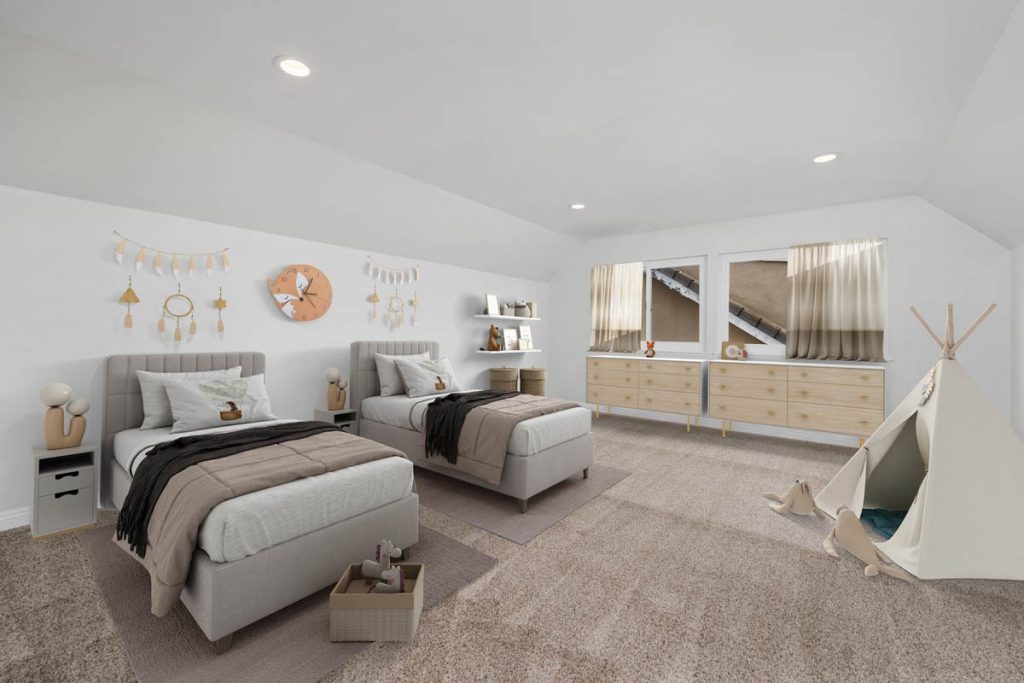 staged kids bedroom with two twin beds and dresser below the window