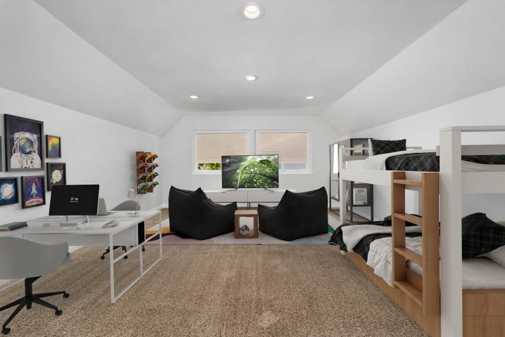 staged teen bedroom with bunkbed, desk, and oversized chairs looking towards a tv