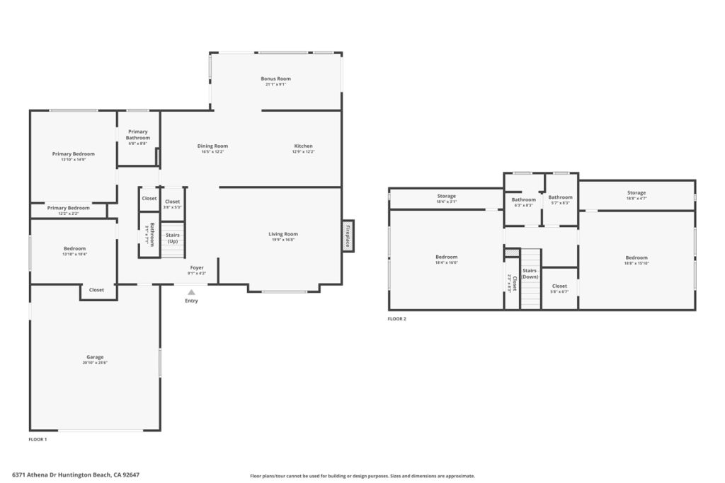 two levels of floor plans for 6371 Athena Drive, Huntington Beach