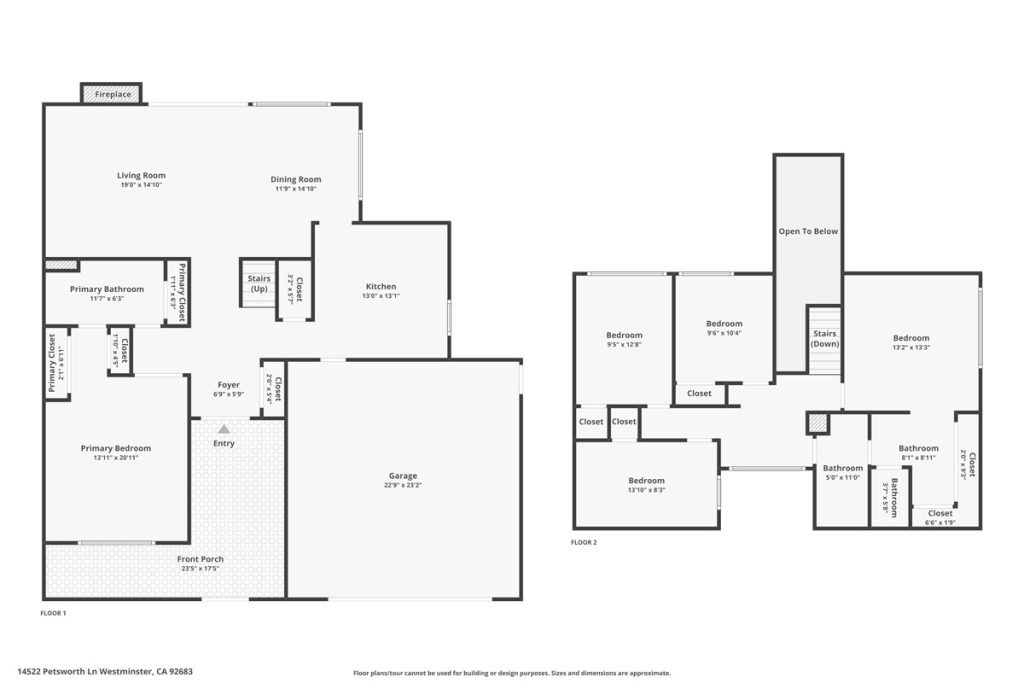 floor plan showing two level home with five bedrooms