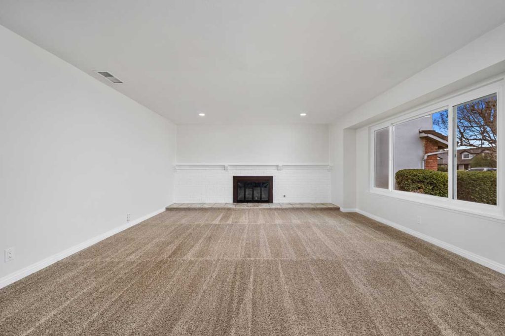 empty living room with large carpeted area, white walls, fireplace, and a large window