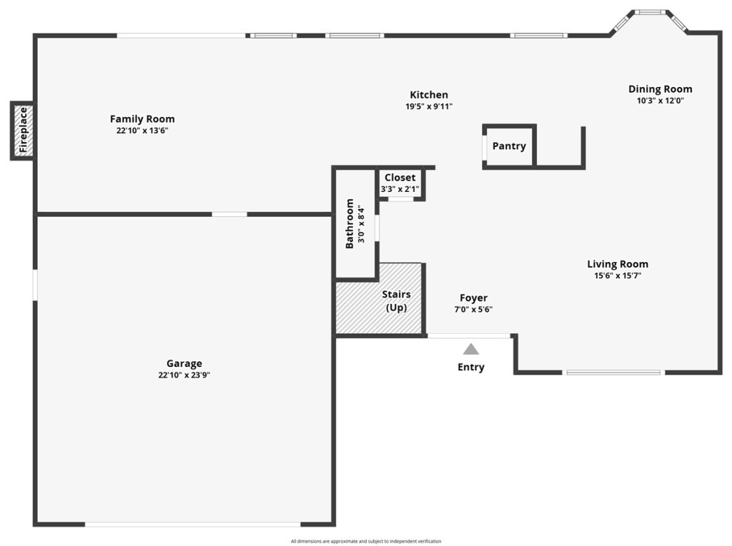 floorplan of first level showing garage, family room, living room, bathroom, dining room and kitchen