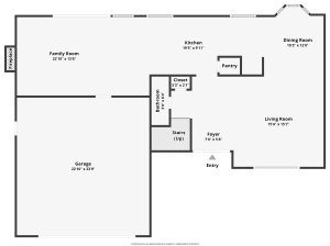 floorplan of first level showing garage, family room, living room, bathroom, dining room and kitchen