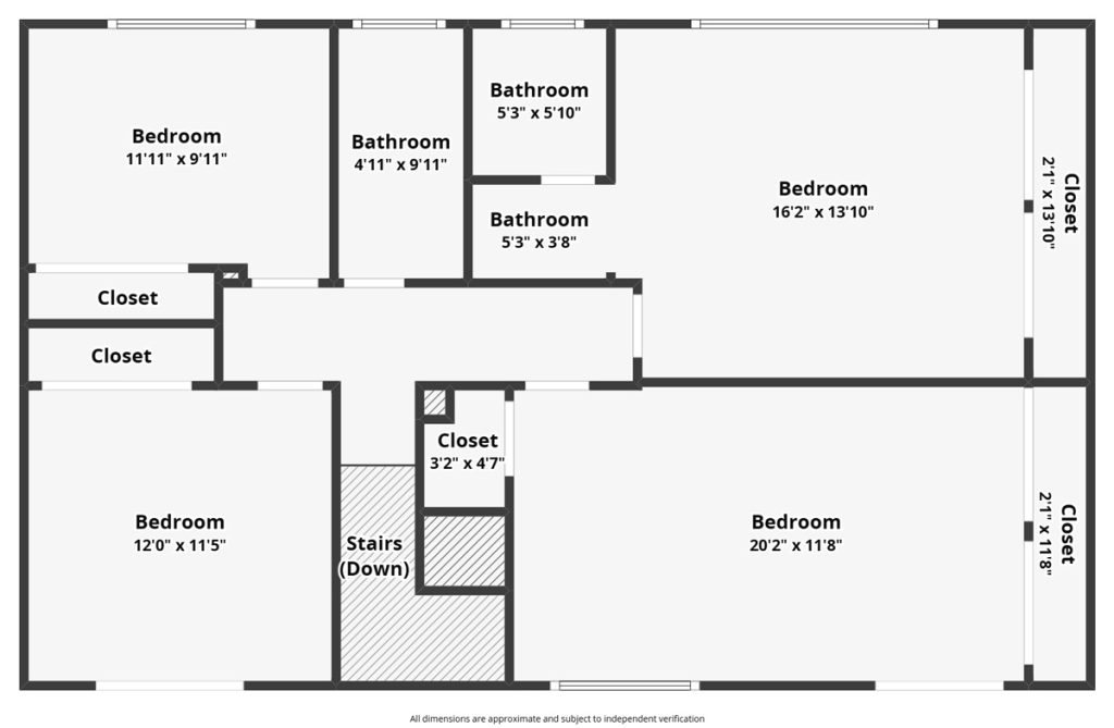 floor plan of second level showing four bedrooms and two bathrooms