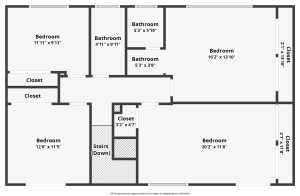 floor plan of second level showing four bedrooms and two bathrooms