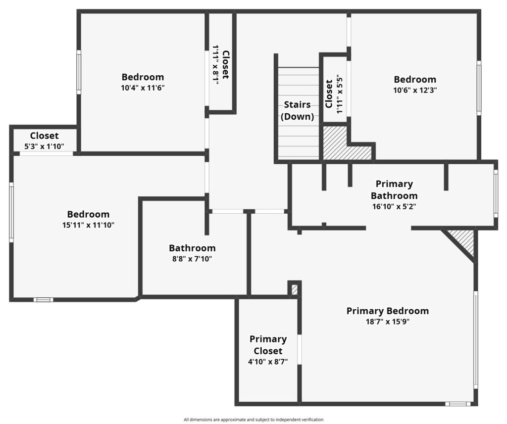 second level floor plan showing four bedrooms and two bathrooms