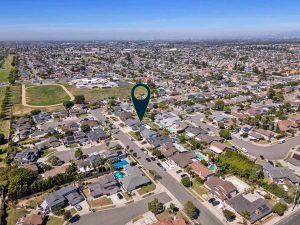 aerial view of neighborhood with arrow pointing to 17906 Santa Mariana