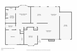single story floor plan showing three bedrooms, two bathrooms, kitchen, dining and living room, as well as a garage space.