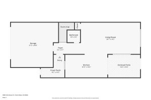 first level floor plan showing kitchen, living room, garage, patios and a bathroom.