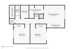 second level floor plan showing three bedrooms and two bathrooms.