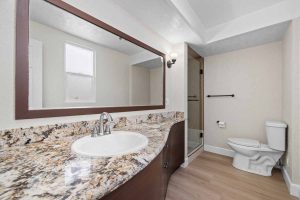 bathroom with tan and brown tones including a granite countertop, large wood framed mirror, white sink, white toilet.