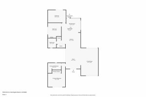floor plan showing the first level of a home with three bedrooms, two bathrooms, kitchen, dining and living room.
