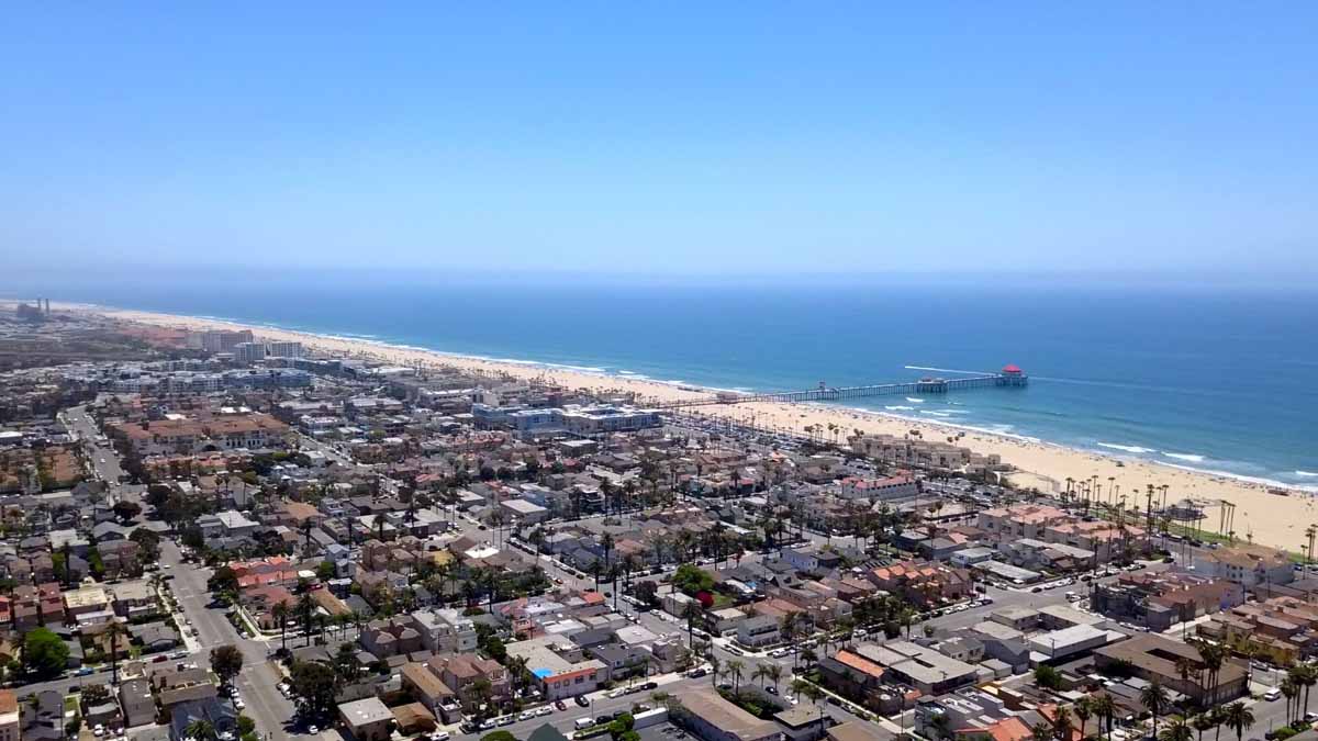 Aerial view of Huntington Beach neighborhood, bean and pier.