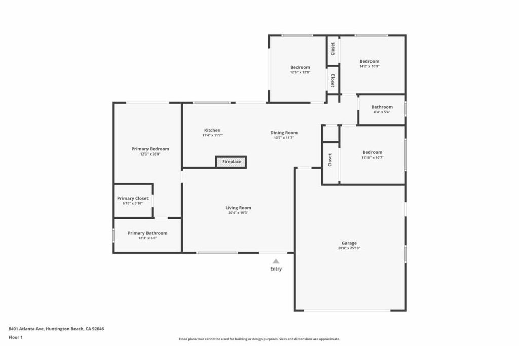 A floor plan of a single story home for sale.