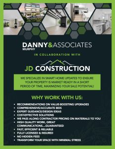 Navy blue PDF with white and green writing listing reasons to work for JD Construction, in collaboration with Danny Murphy & Associates in Orange County, CA