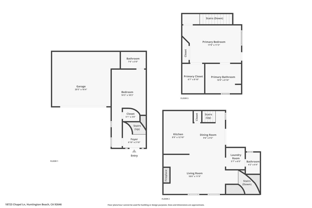 A floor plan of a three level home for sale showing three bedrooms, three bathrooms, a kitchen, living room and dining room.