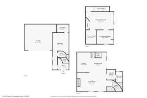 A floor plan of a three level home for sale showing three bedrooms, three bathrooms, a kitchen, living room and dining room.