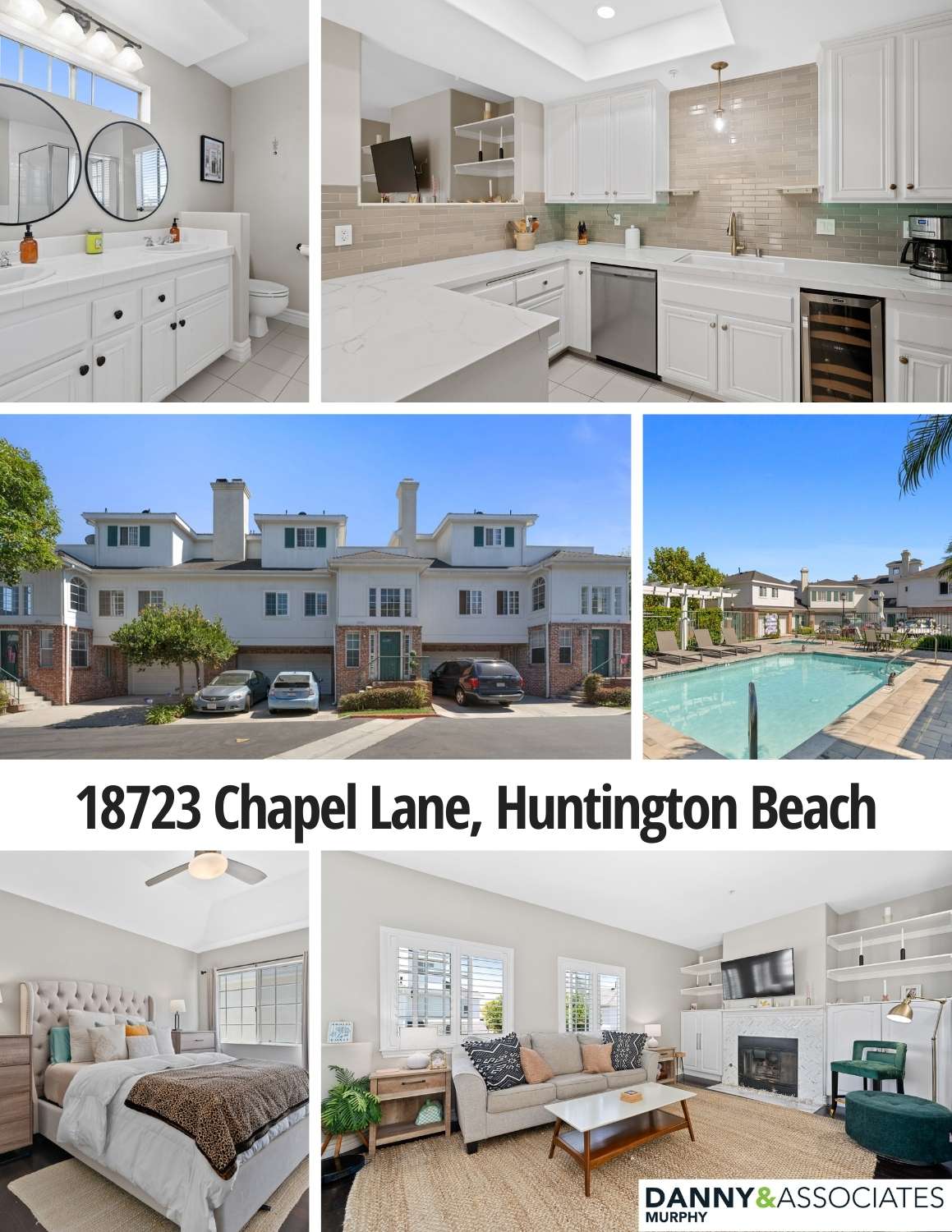 Six images of the interior and exterior of a home for sale also showing text of the home's address.
