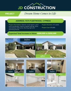 Light blue PDF with white and navy blue writing showing before and after images of JD Construction projects, in collaboration with Danny Murphy & Associates in Orange County, CA