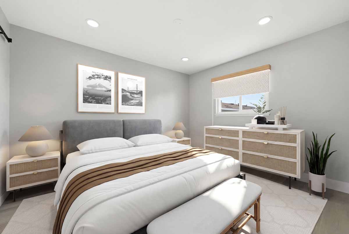 Digitally staged master bedroom with neutral wall paint and a white bed spread.