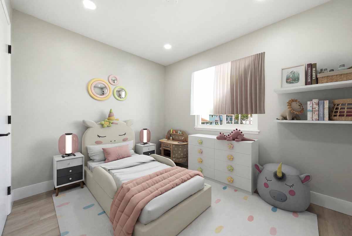 Digitally staged little girl's bedroom.