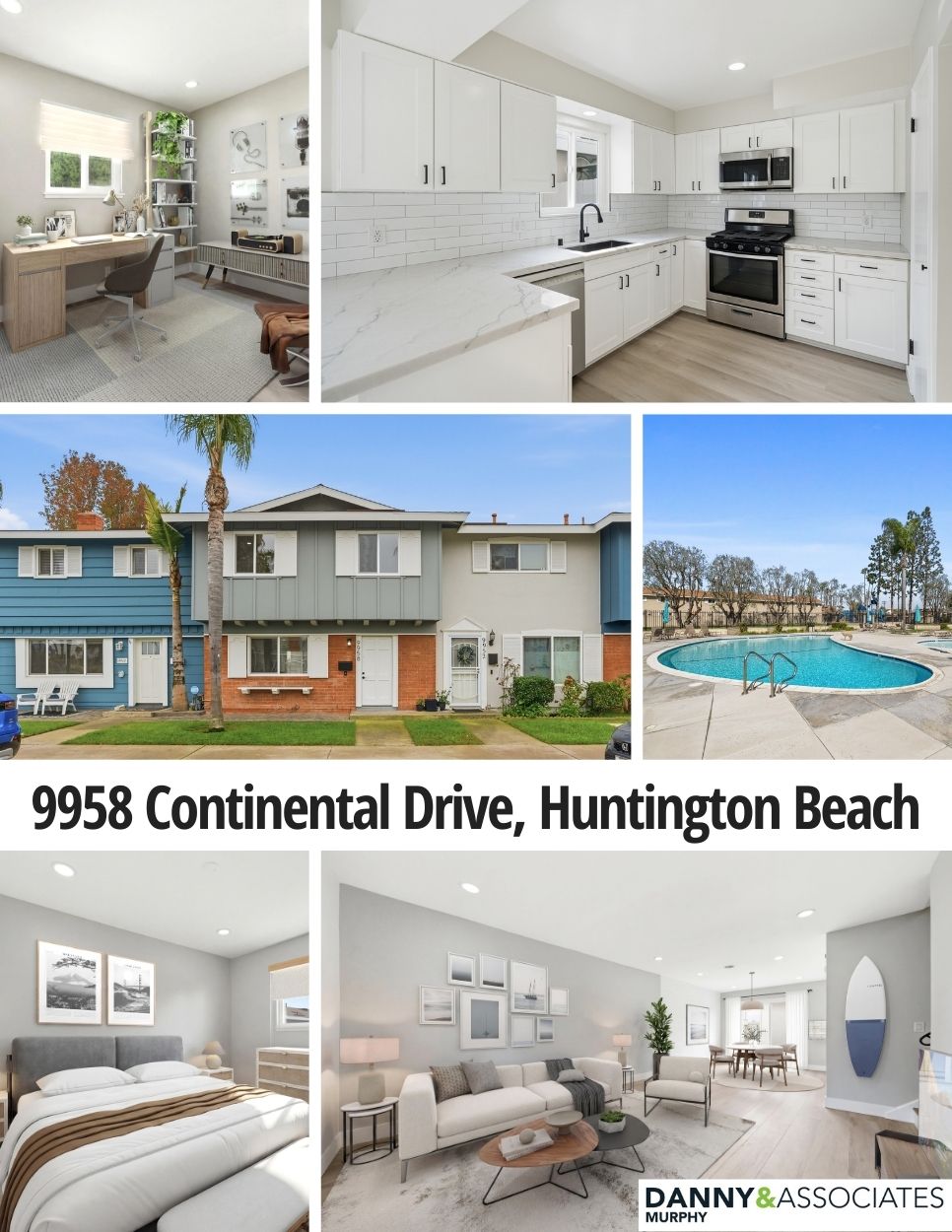 Multiple images of interior and exterior of Huntington Beach townhome that is for sale.