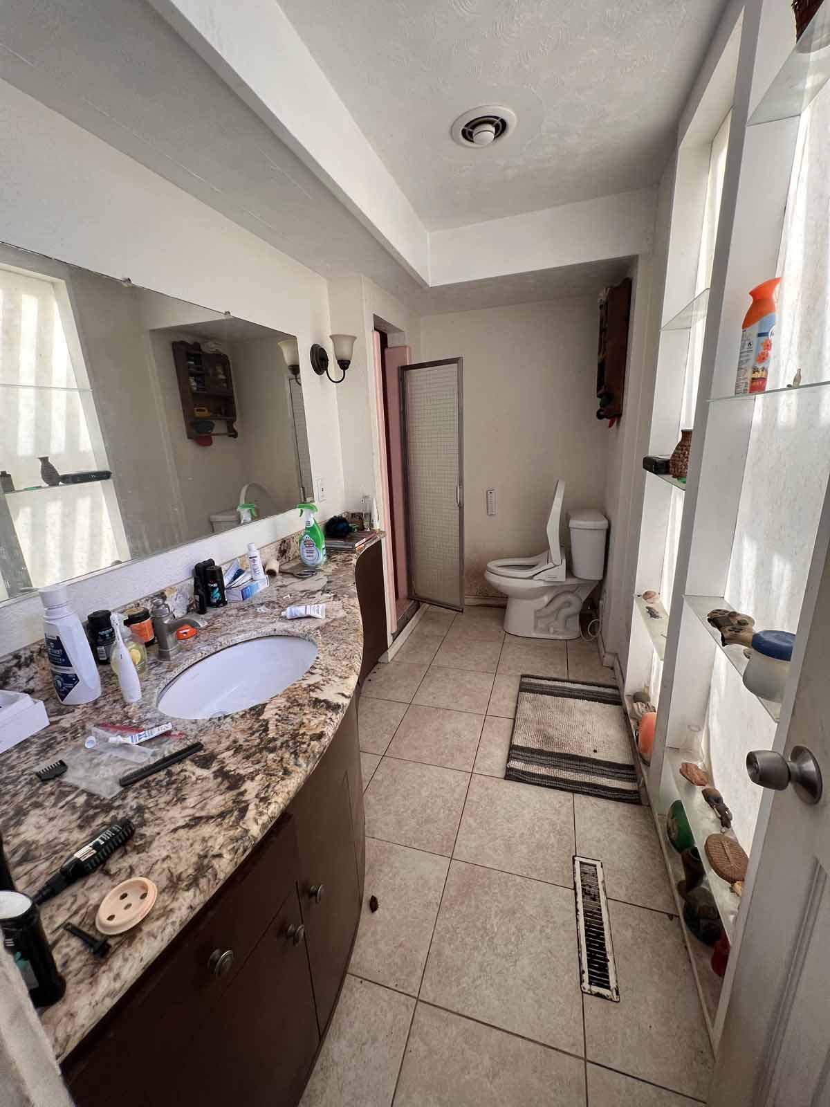 A cluttered bathroom with a single sink vanity in the foreground, and a toilet and walk-in shower in the background.